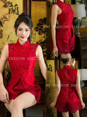 🔥MFD独家爆款🔥高品质钩花旗袍中式套装 上衣 ➕ 短裤 RM129 Only🌸 （原价 RM149 ）（2-K4）
