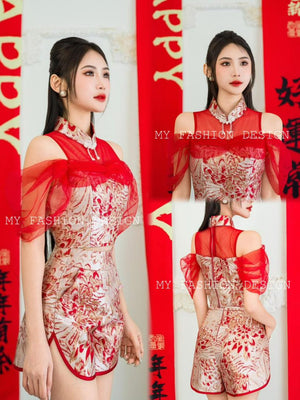 🔥MFD独家爆款🔥高品质网纱拼接提花旗袍套装 上衣 ➕ 短裤 RM139 Only🌸 （2-J3）